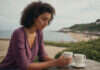 TikTok Dating Trends (Ghostlighting, Monkey-barring, Affordating, Wanderlove): What to Notice Before the Pattern Becomes the Relationship Woman with short curls holding a plain cup beside the coast.
