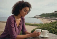 TikTok Dating Trends (Ghostlighting, Monkey-barring, Affordating, Wanderlove): What to Notice Before the Pattern Becomes the Relationship Woman with short curls holding a plain cup beside the coast.