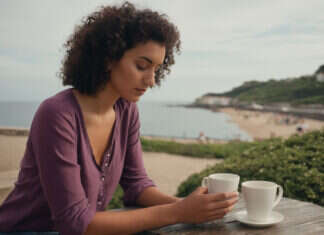 TikTok Dating Trends (Ghostlighting, Monkey-barring, Affordating, Wanderlove): What to Notice Before the Pattern Becomes the Relationship Woman with short curls holding a plain cup beside the coast.