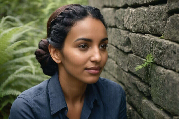 A woman pausing beside a stone wall and ferns.
