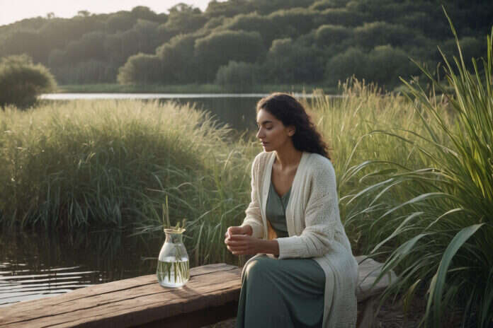 A woman taking a reflective break beside a lake.