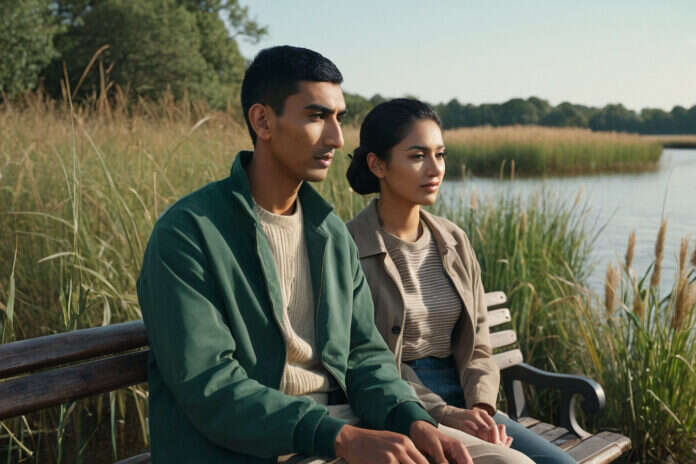 Two partners sitting together on a lakeside bench.