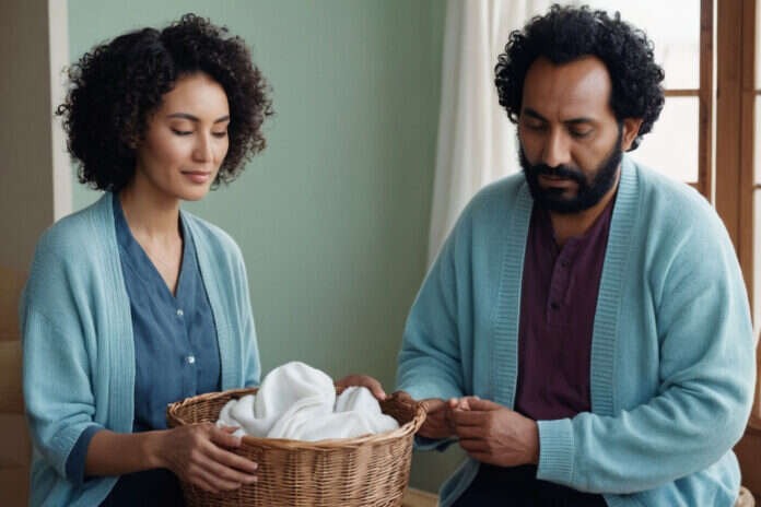 Two partners sharing a household task with a laundry basket.