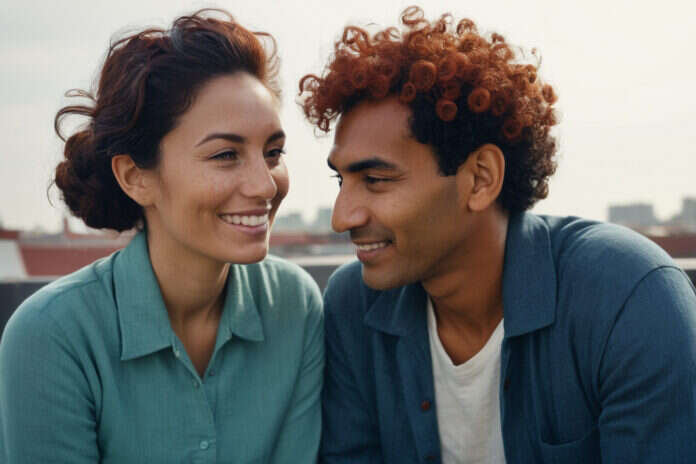 Two partners sharing a warm glance on a terrace.