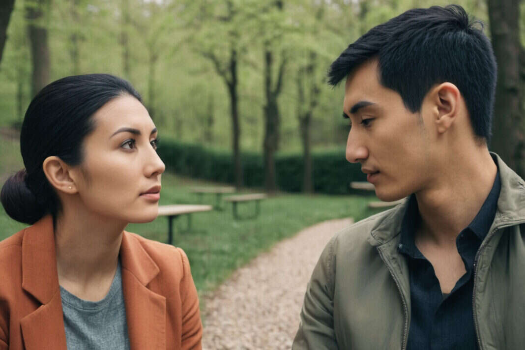 Two partners having a thoughtful conversation in a park.