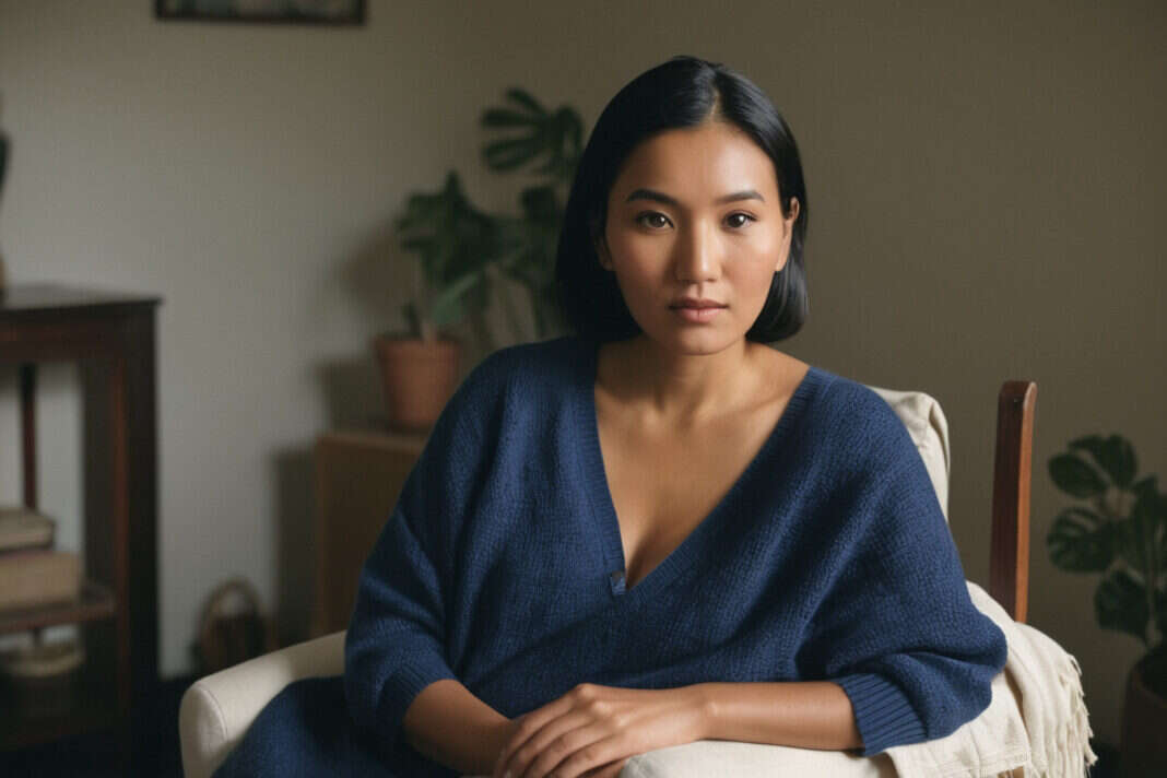 A woman resting comfortably in an armchair.