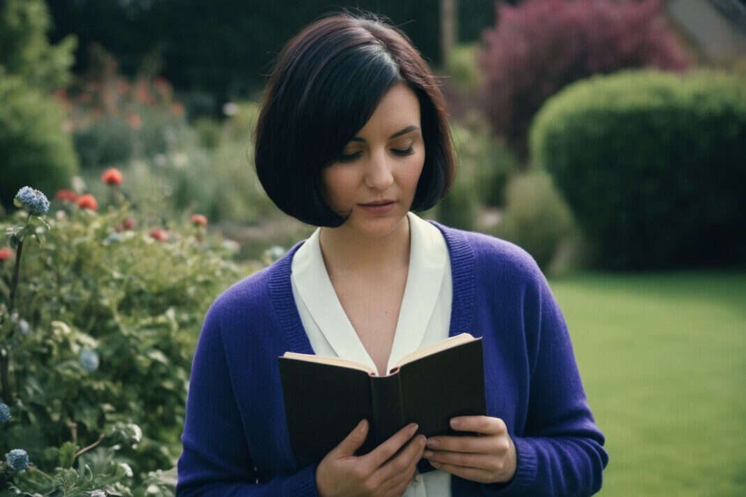 A woman reading a book with a plain unlettered cover outdoors.