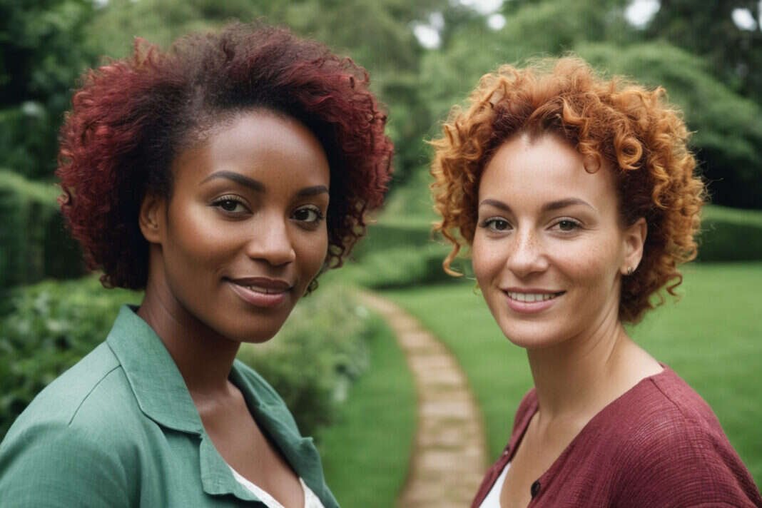 Two adults sharing a relaxed moment on a garden path.