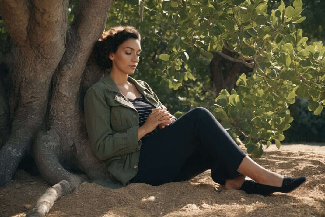 A woman resting quietly beneath a tree.