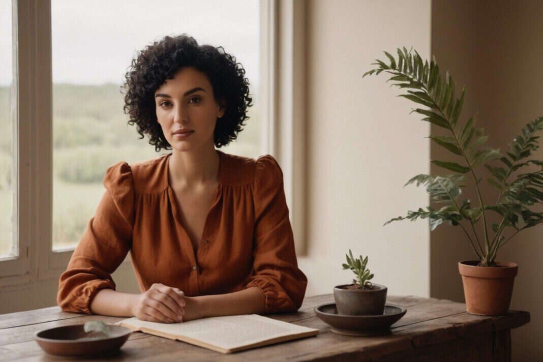 Is It Okay to Ask AI for Relationship Advice? The Signs to Look For Before You Make Your Next Move — featured image Woman with short black curls sitting thoughtfully at a table beside plants.