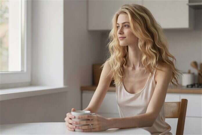 Woman with long blond hair holding a plain cup beside a window.