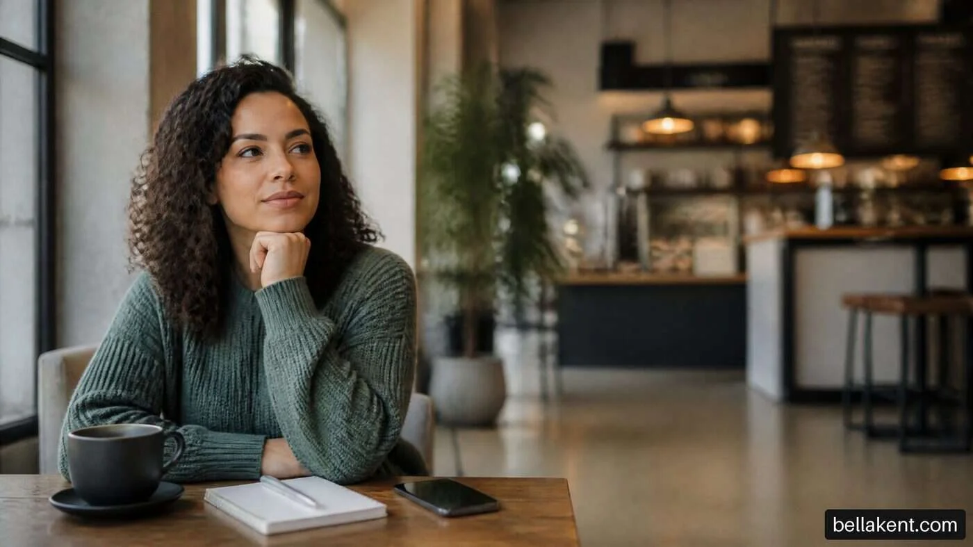 Woman resting her chin on her hand beside a notebook and phone at a cafe table.