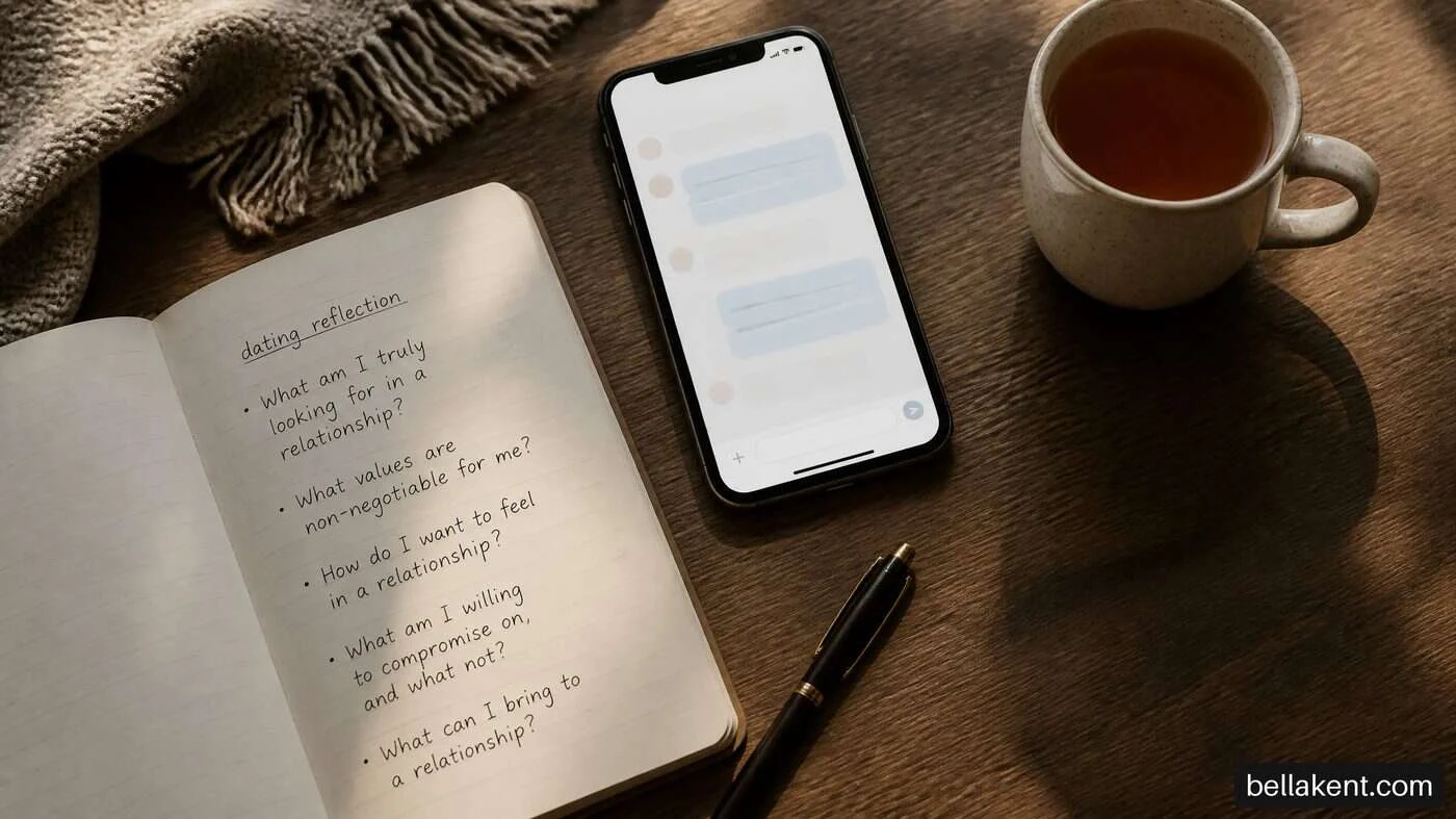 Phone displaying messages beside a handwritten reflection notebook and cup of tea.