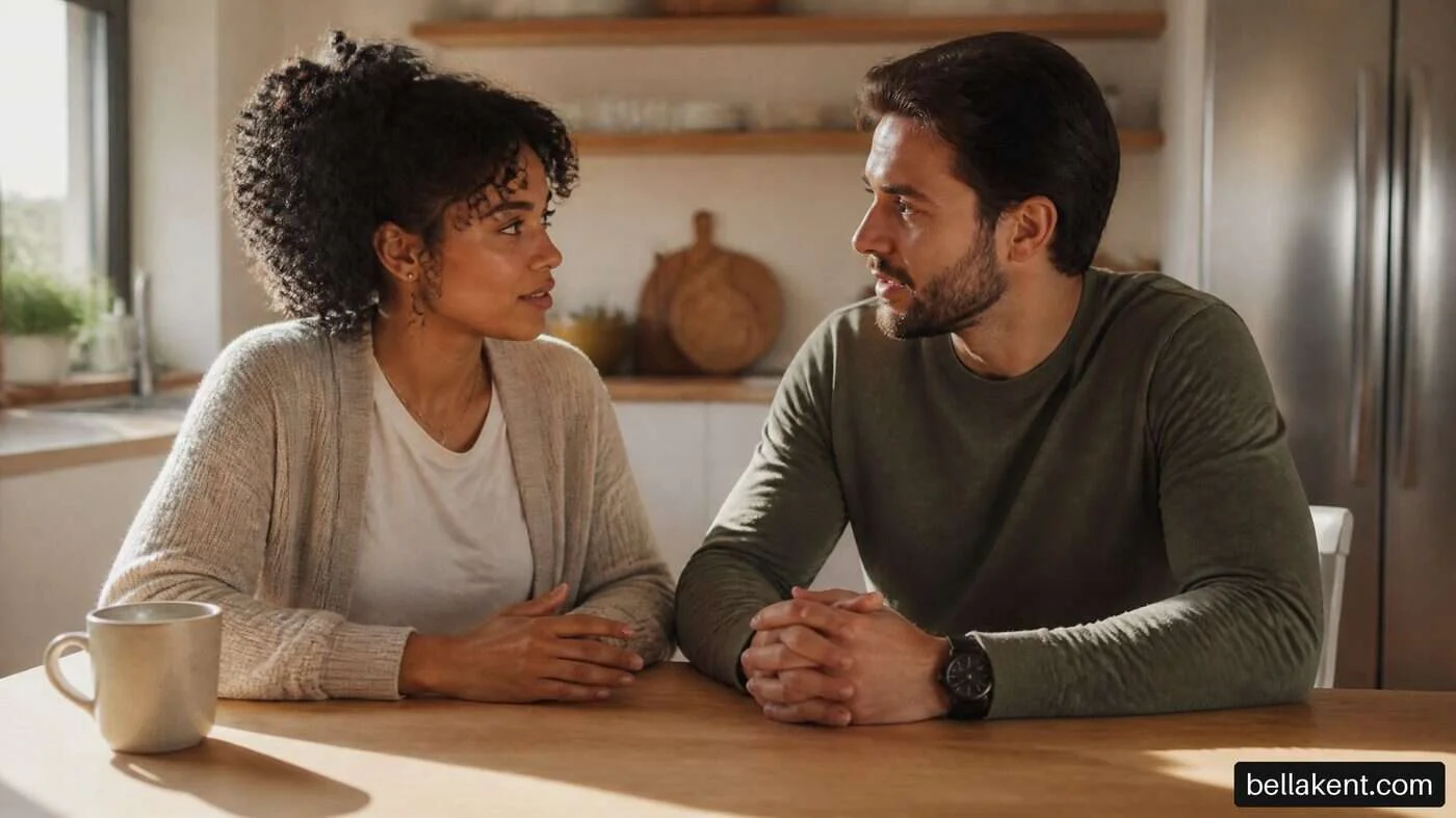 Two adults talking across a kitchen table with clasped hands.