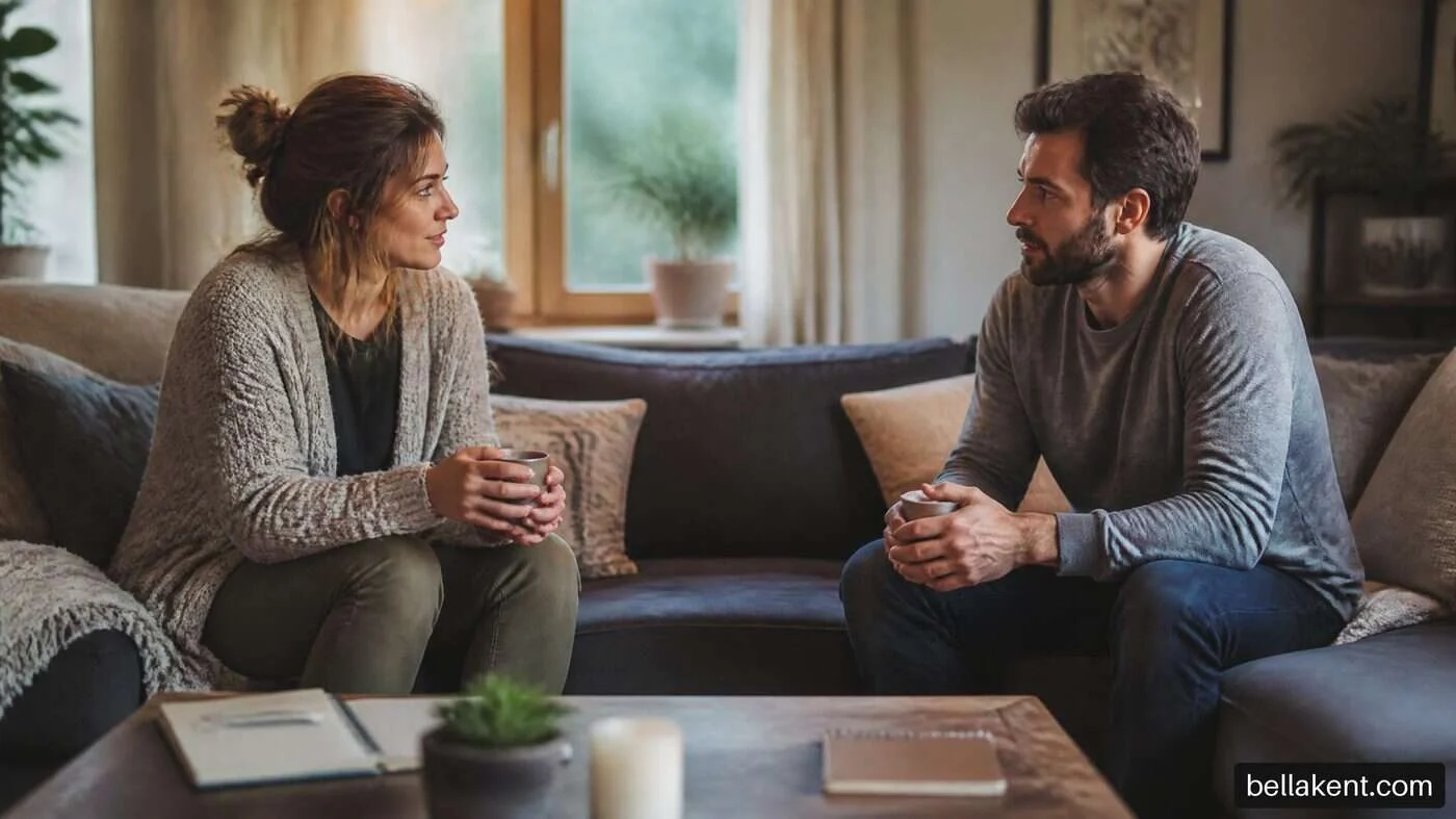 Two adults sitting opposite each other on a sofa and talking.