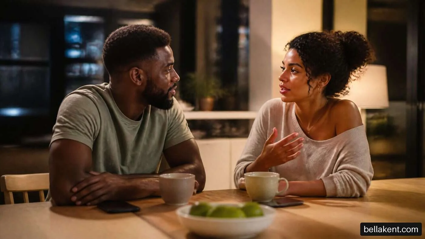 Two adults talking across a kitchen table with a cup and bowl of fruit.
