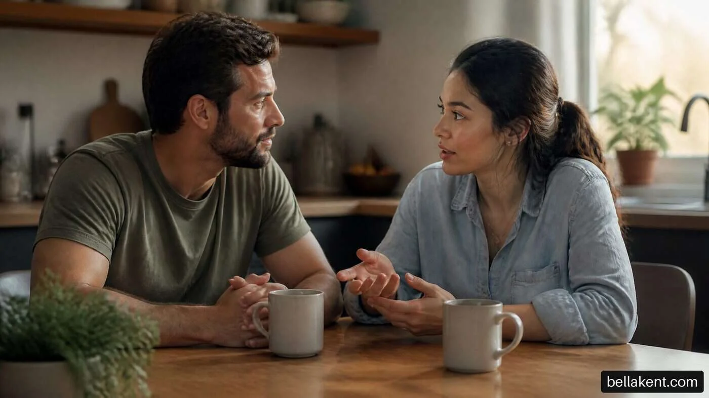 Two adults talking across a kitchen table while holding cups.