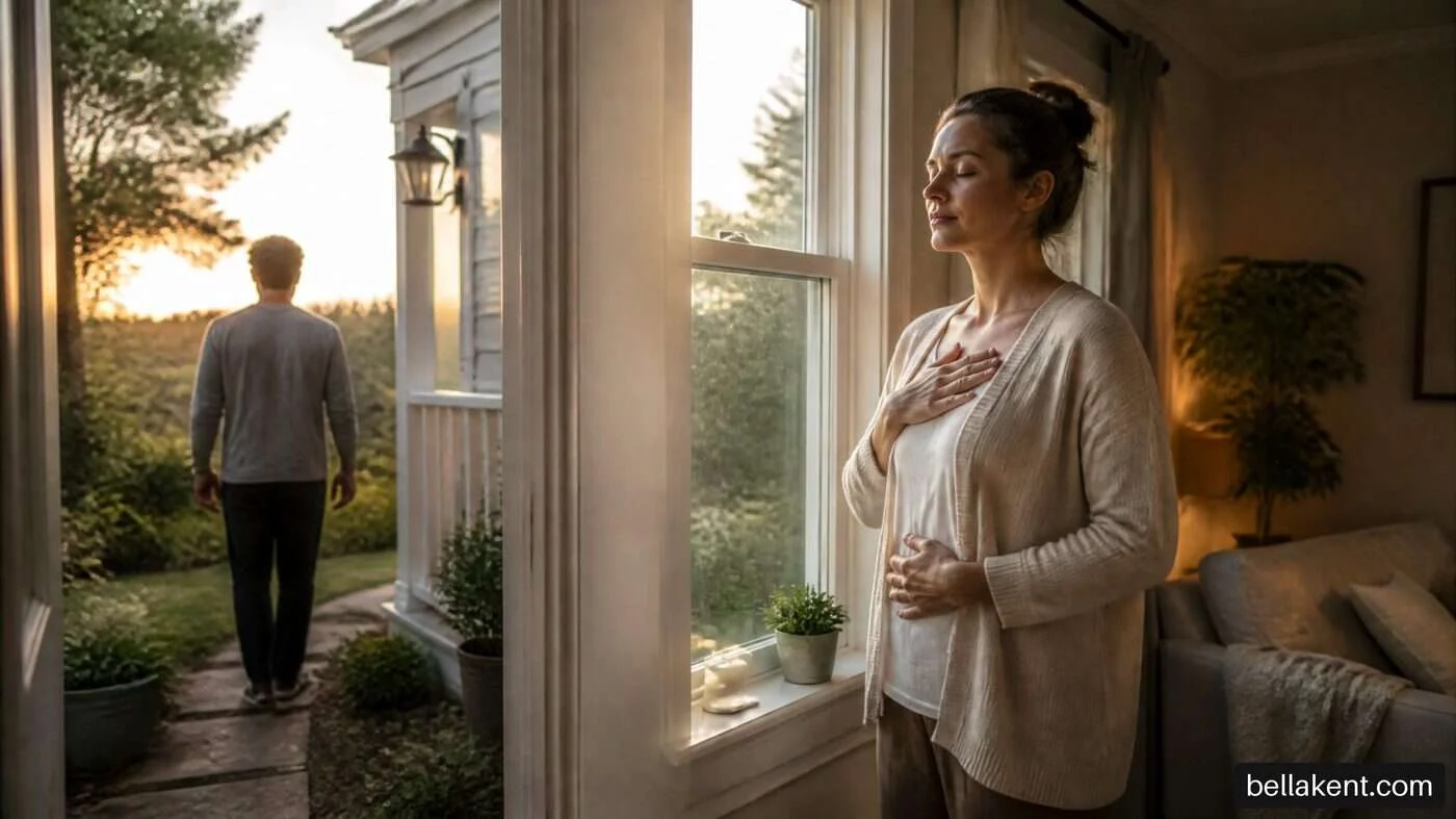 Woman standing beside an open door while a man walks away outside.