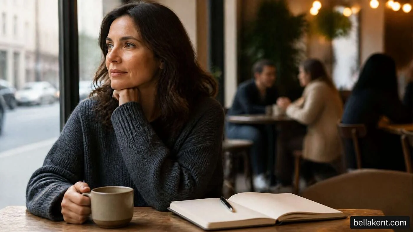 Woman holding a plain cup beside an open notebook at a cafe table.