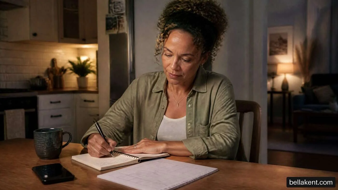 Woman writing in a notebook at a softly lit kitchen table beside a phone and cup.