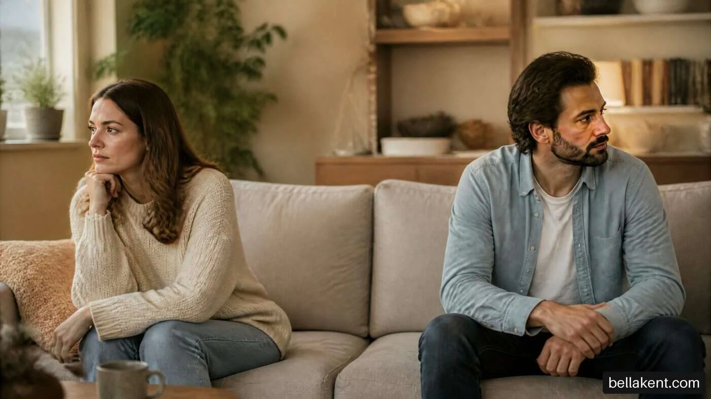 Two adults sitting at opposite ends of a sofa and looking away.