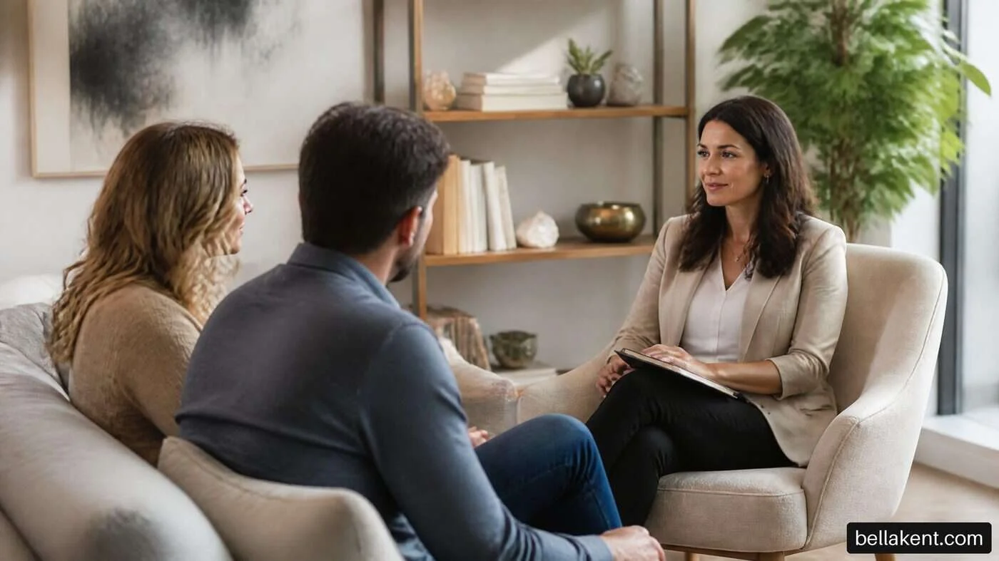 Two adults talking with a counselor seated opposite them in a bright room.