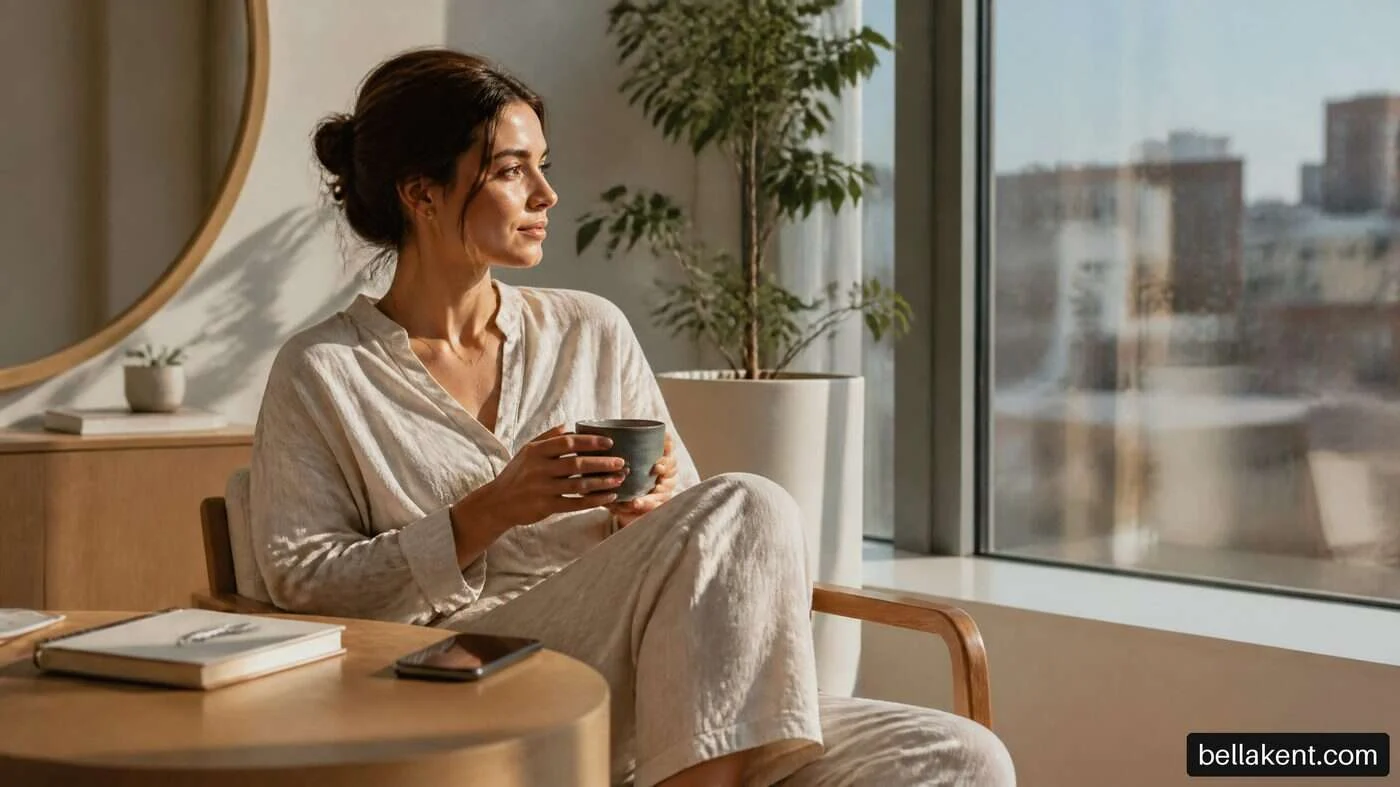 Woman holding a plain cup while sitting beside a bright apartment window.