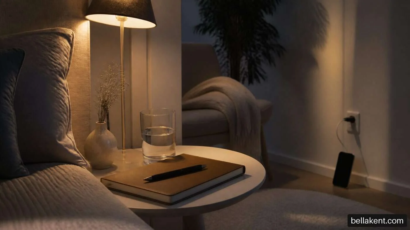 Bedside lamp, glass of water and notebook beside a phone leaning near a wall socket.