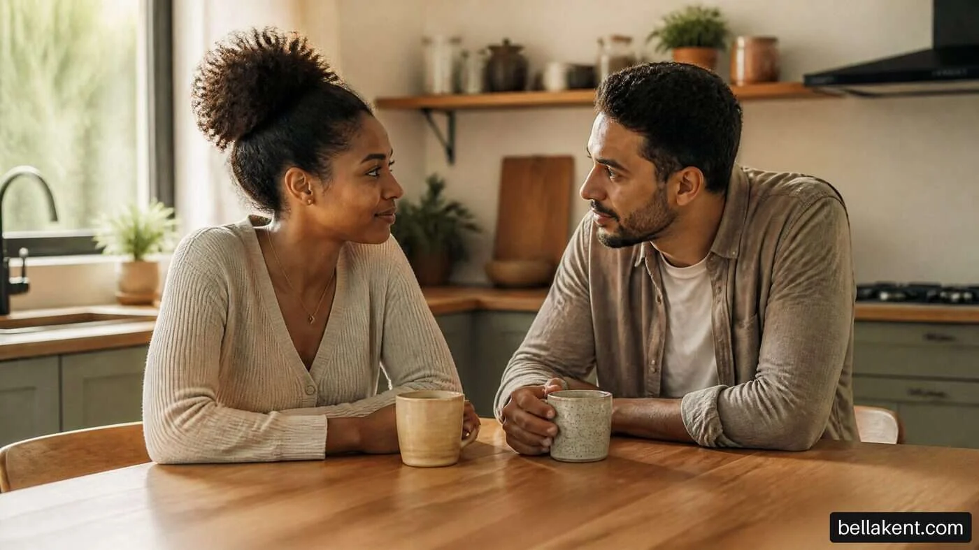 Two adults talking across a kitchen table while holding plain cups.