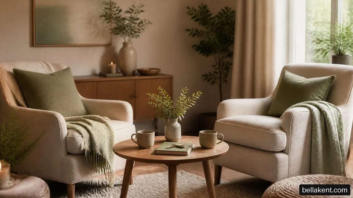 Two armchairs facing a small table with cups and a plant in a quiet living room.