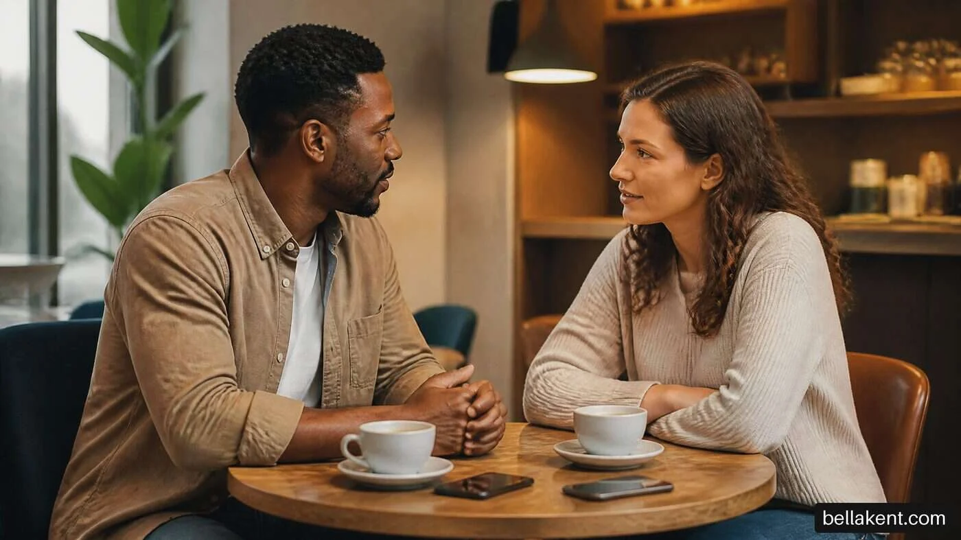 Two adults having a serious conversation across a cafe table.