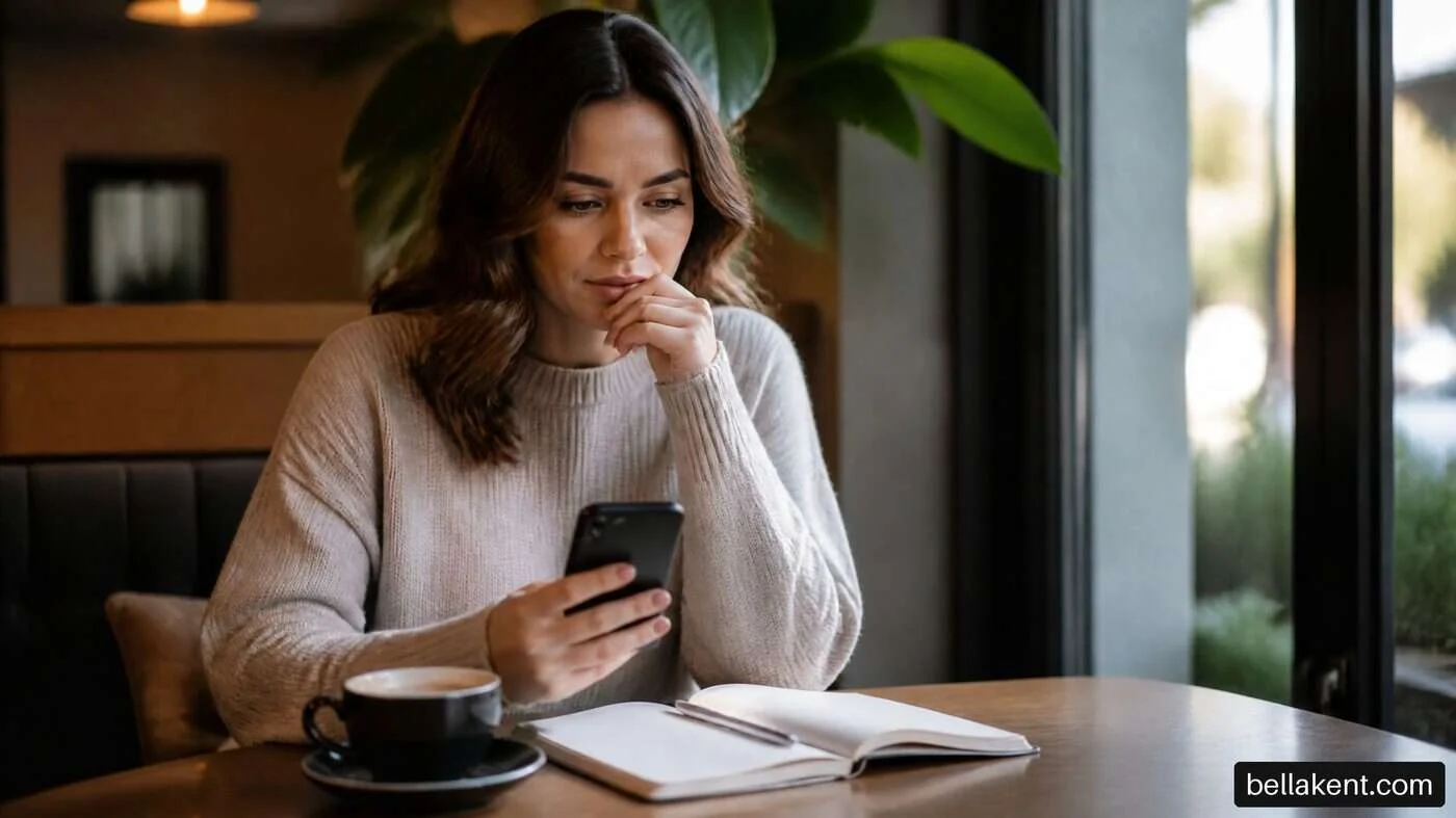 Woman looking at her phone beside an open notebook and cup in a cafe.