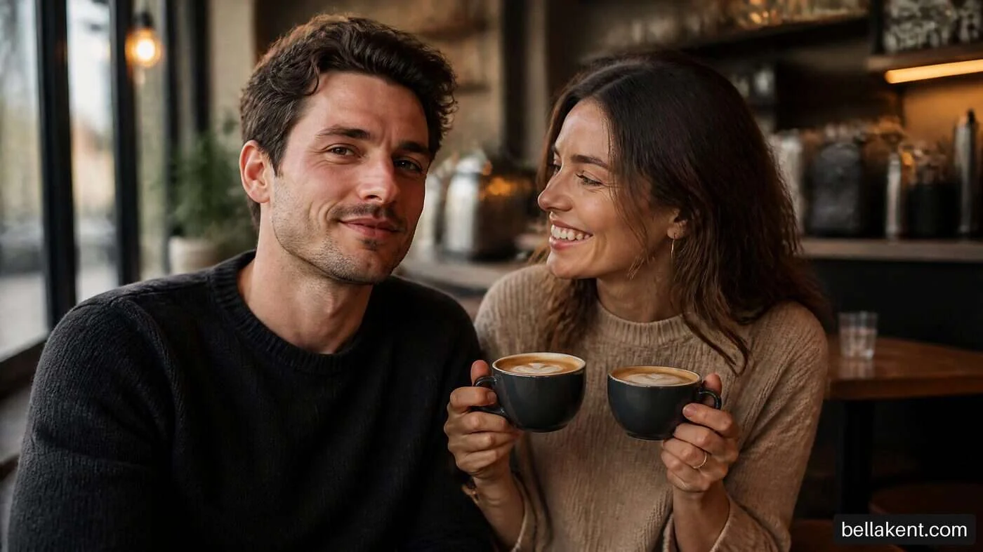 Two adults holding small coffee cups together in a cafe.