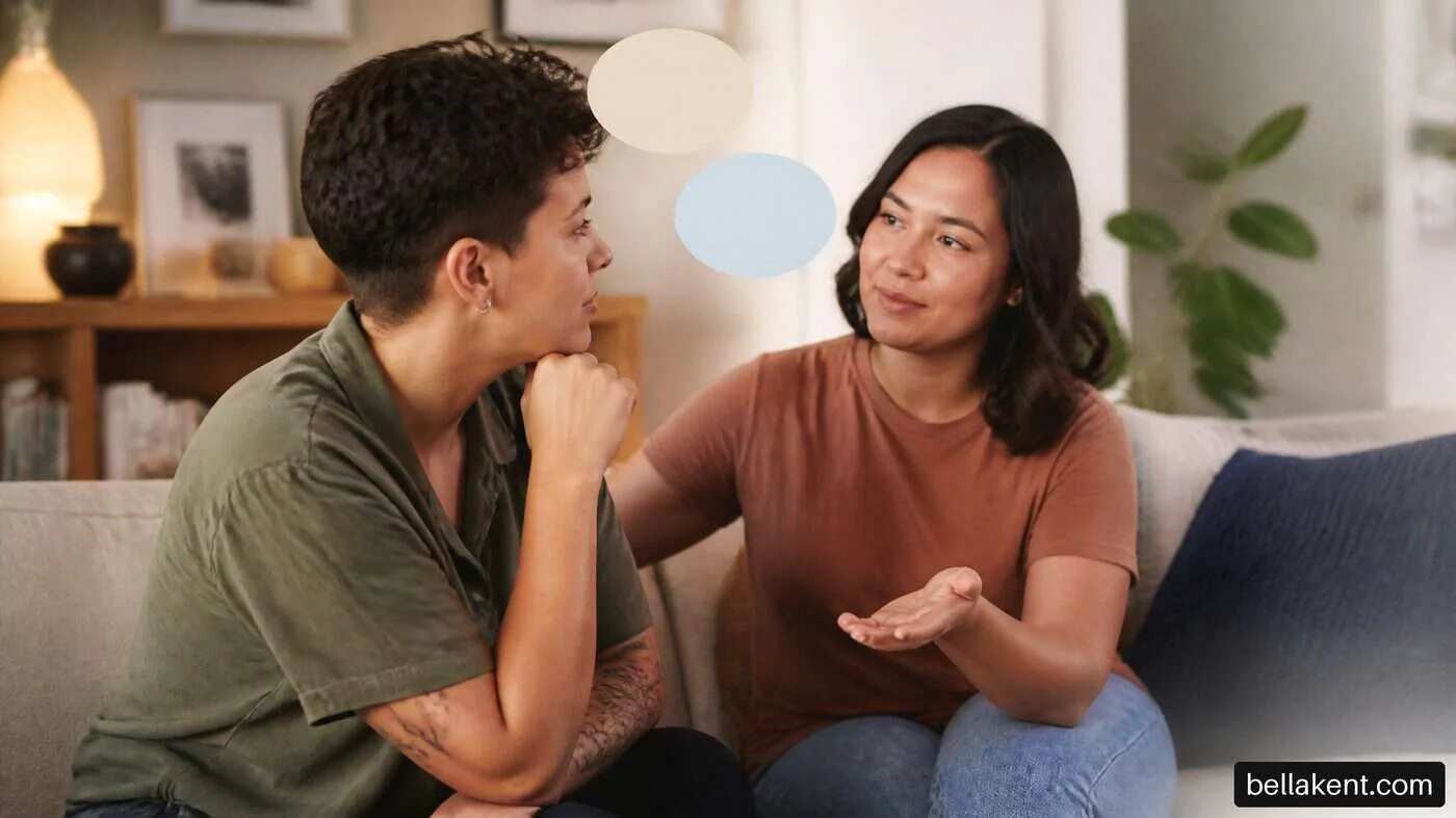 Two adults sitting face to face on a sofa beside illustrated speech bubbles.