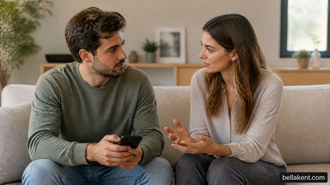 Two adults talking on a sofa while one holds a phone.