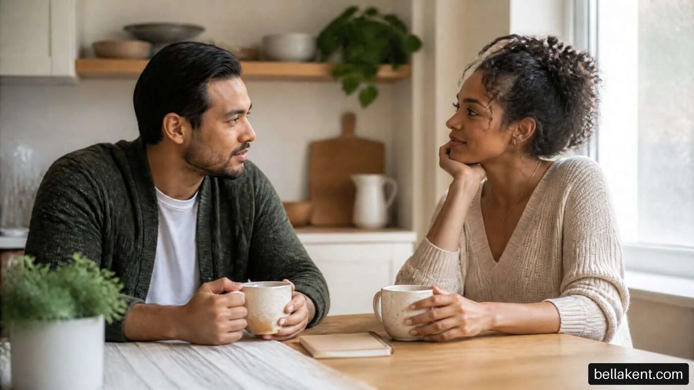 Two adults holding plain cups while talking across a kitchen table.