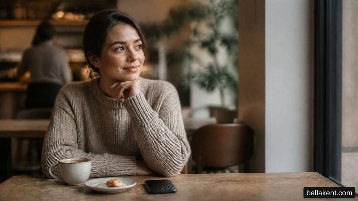 Woman resting her chin on her hand at a cafe table beside a cup and phone.