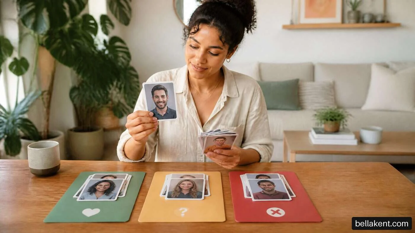 Woman sorting portrait cards at a kitchen table beside houseplants.