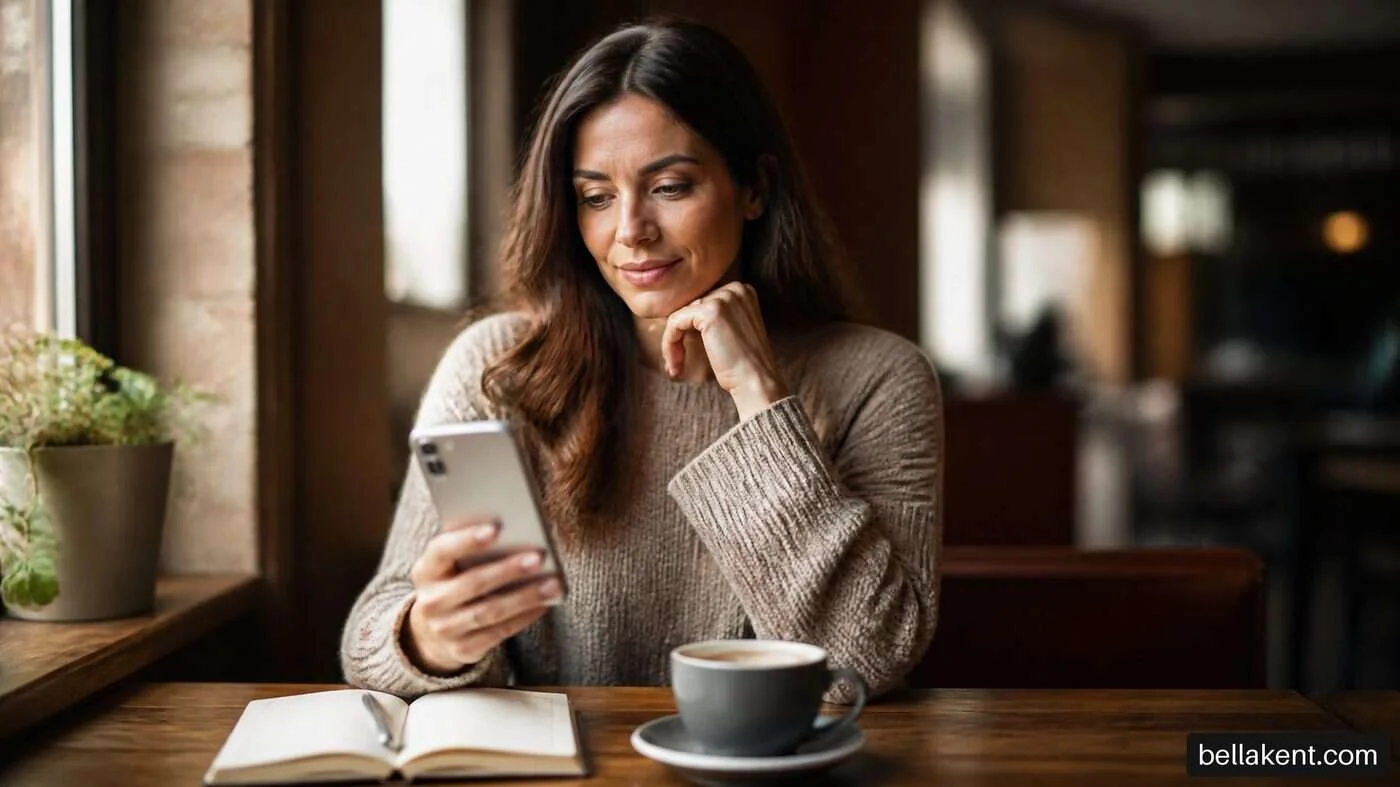 Woman looking at her phone beside a notebook and cup at a cafe table.