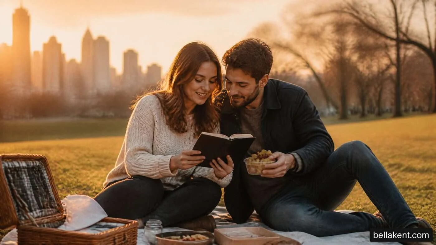 Two adults reading a book together on a picnic blanket at sunset.