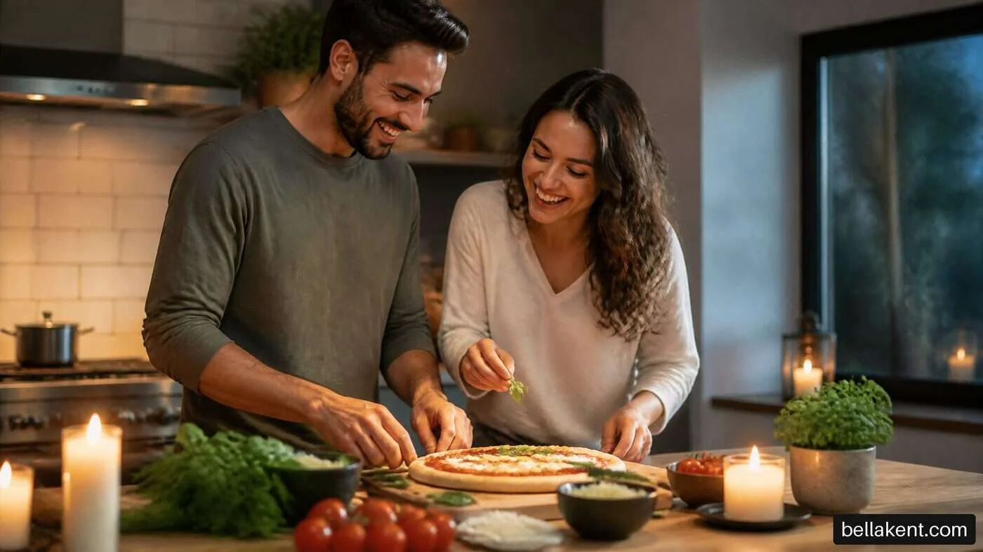 Two adults preparing food together in a candlelit kitchen.