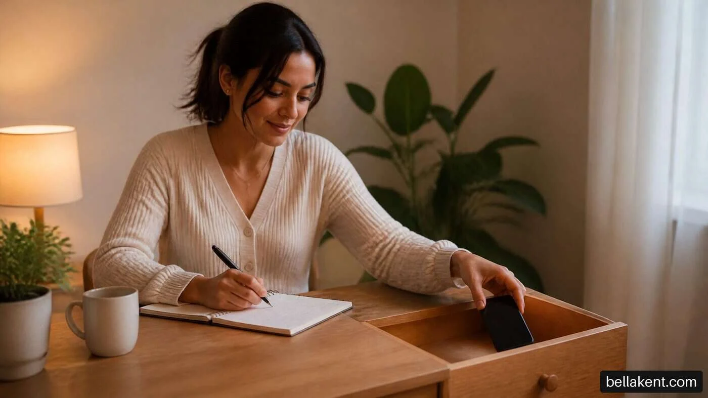 Woman writing in a notebook while placing a phone inside a desk drawer.