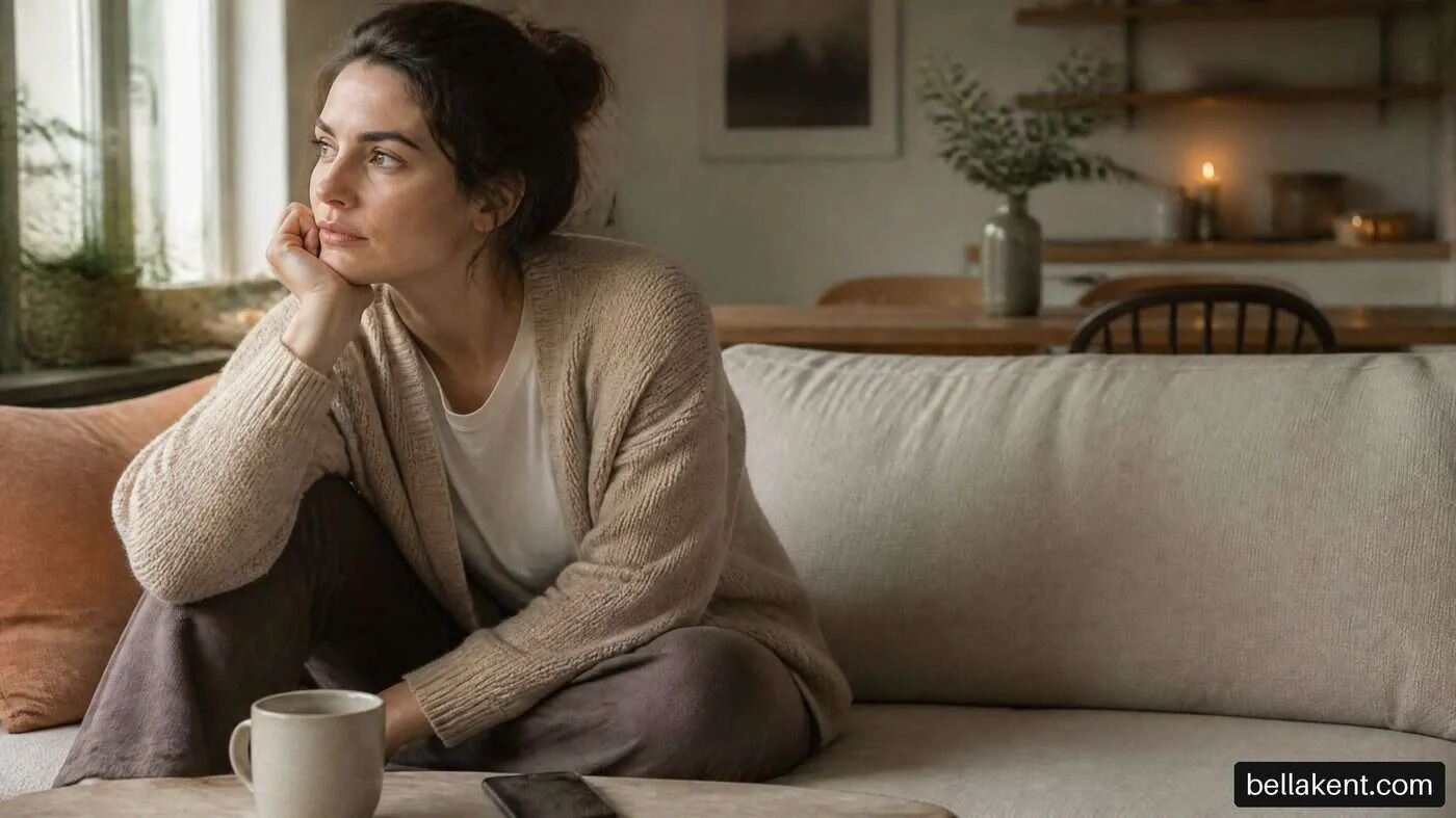 Woman looking out of a window while sitting on a sofa beside a cup and phone.