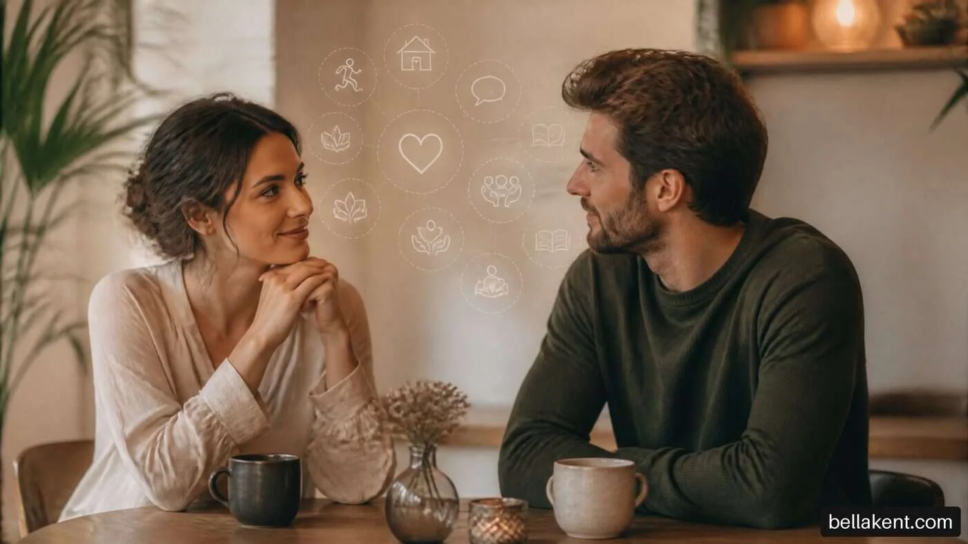 Two adults talking across a table beside a diagram with hearts and household symbols.