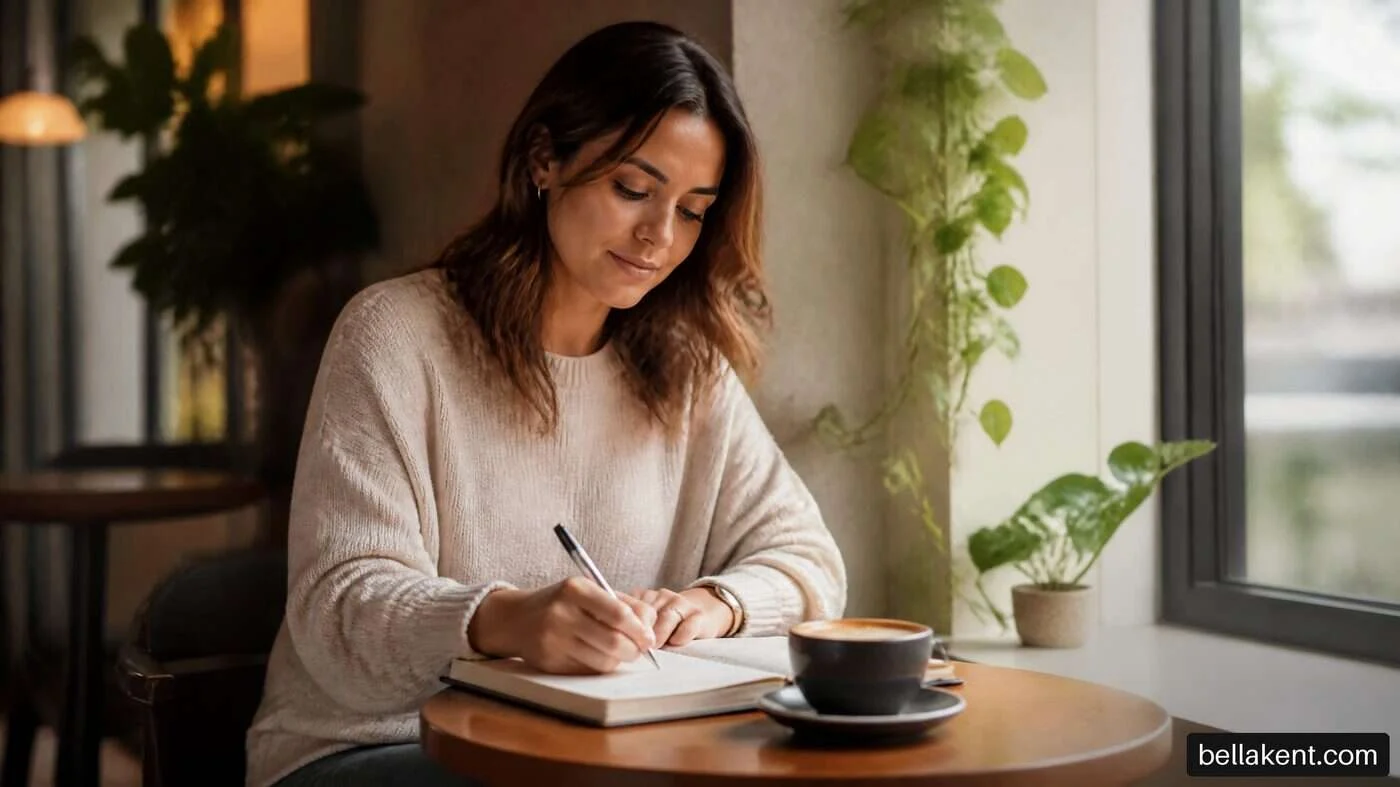 Woman writing in a notebook beside a cup at a cafe window.