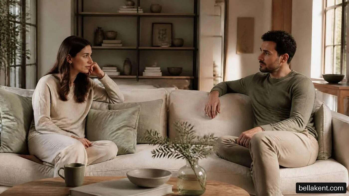Two adults sitting apart on a sofa and looking toward each other.