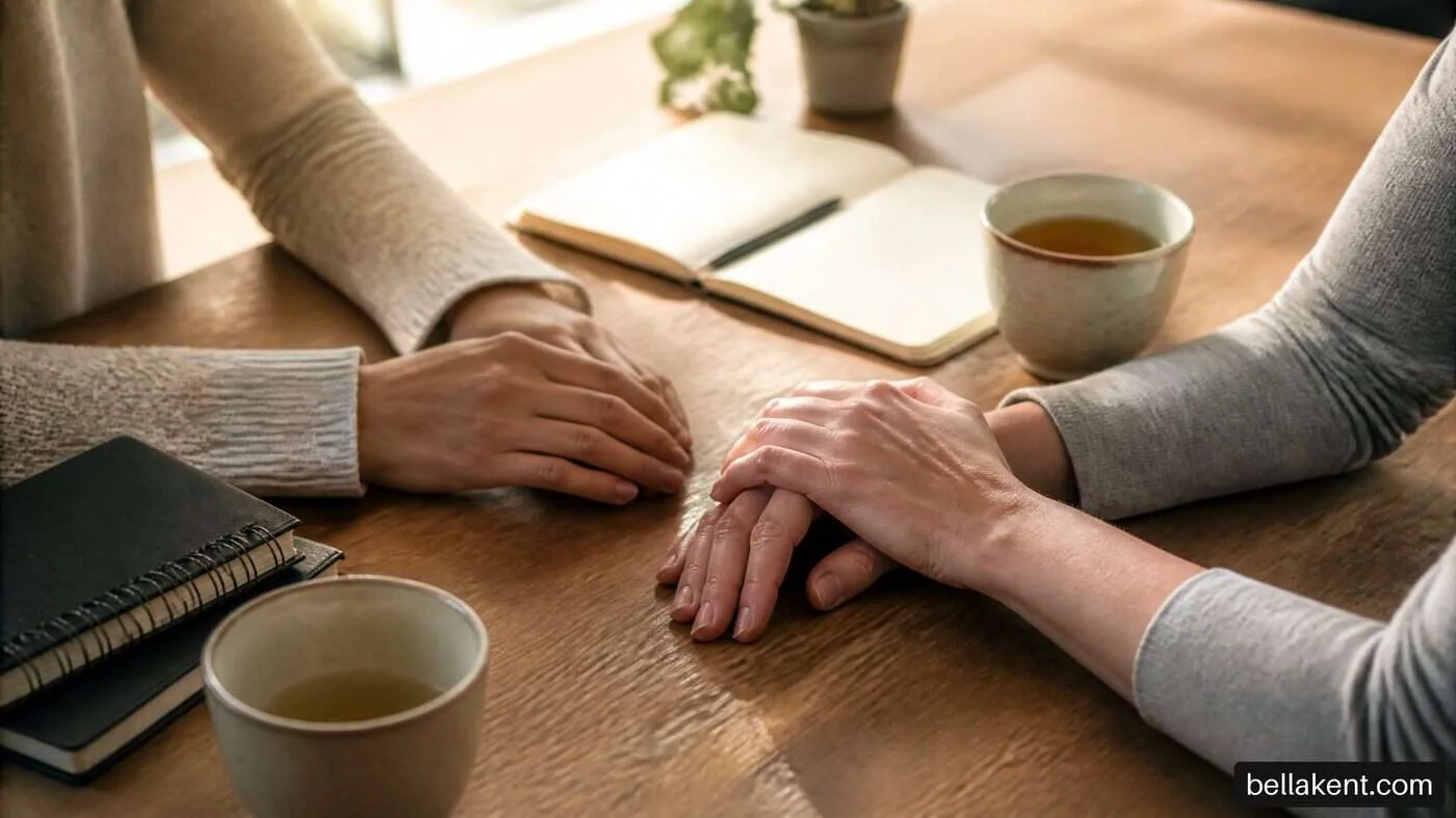 Close view of two people's hands resting on a table beside cups and a notebook.
