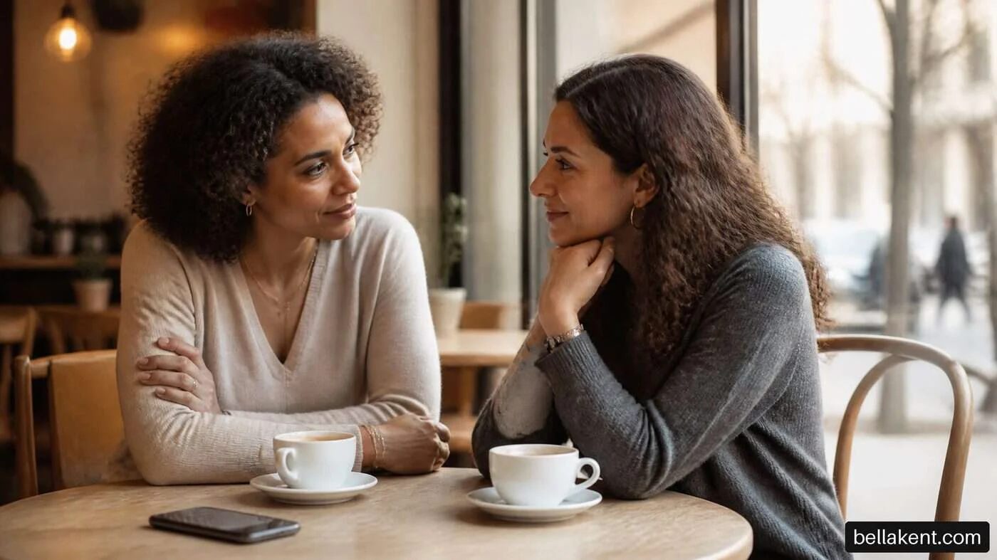 Two women listening to each other across a cafe table with white cups.