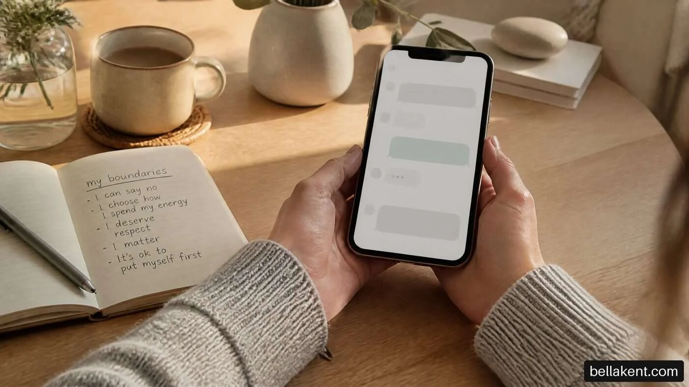 Close view of hands holding a phone beside a notebook and cup of tea.