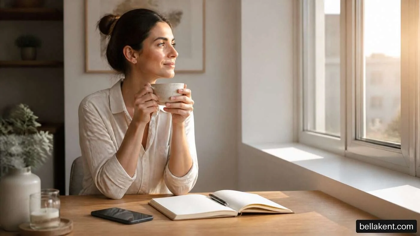 Woman holding a plain cup beside an open notebook and phone at a kitchen table.